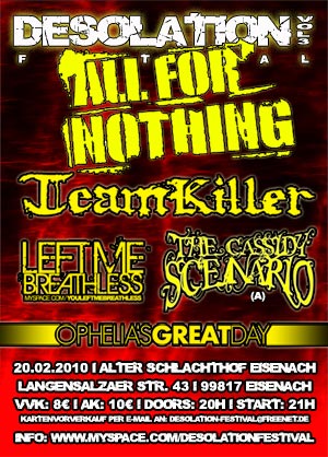 ALL FOR NOTHING, TEAMKILLER, LEFT ME BREATHLESS, THE CASSIDY SCENARIO, OPHELIAS GREAT DAY